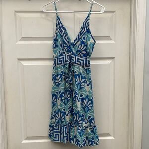 Blue Patterned V-Neck Tie-Waist Mini Dress